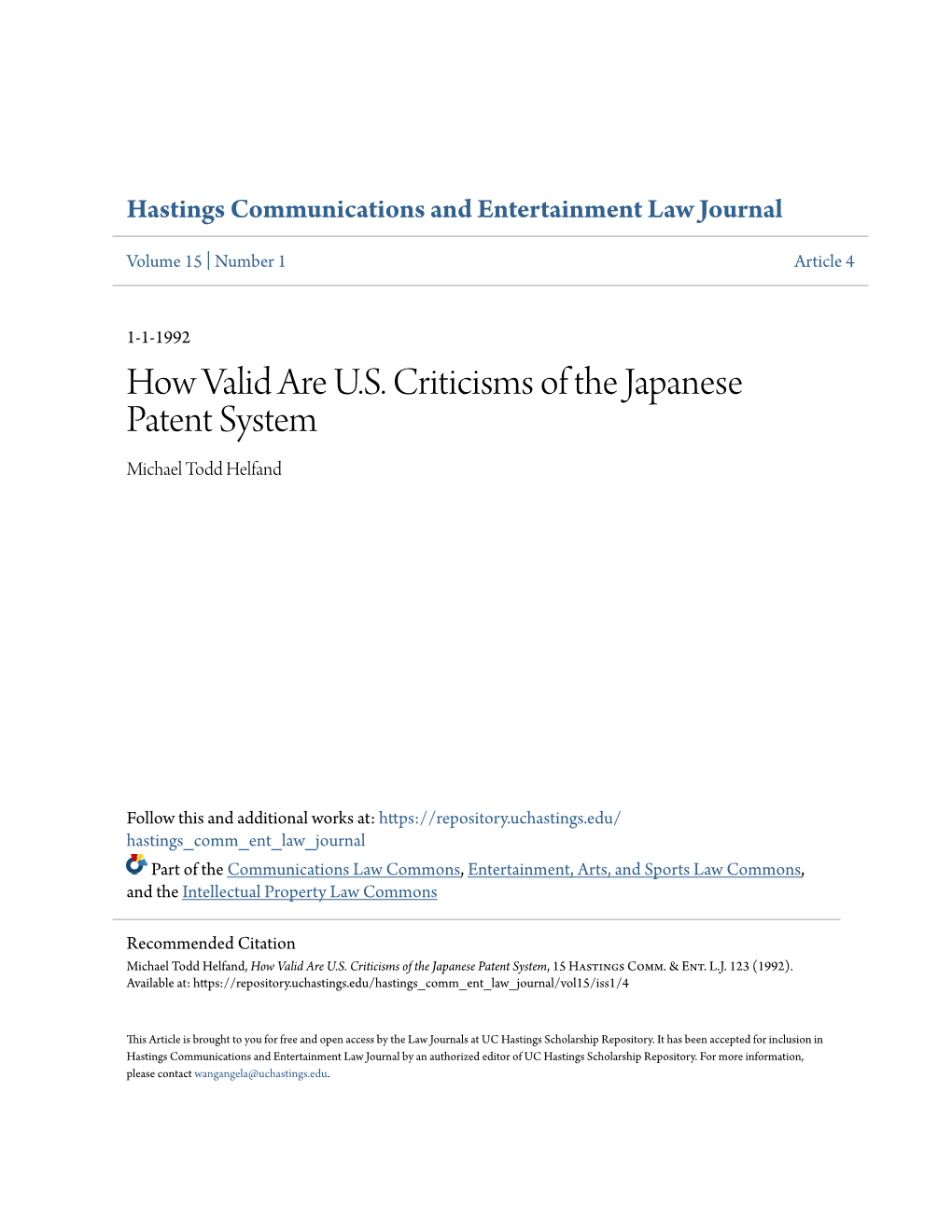 How Valid Are U.S. Criticisms of the Japanese Patent System Michael Todd Helfand