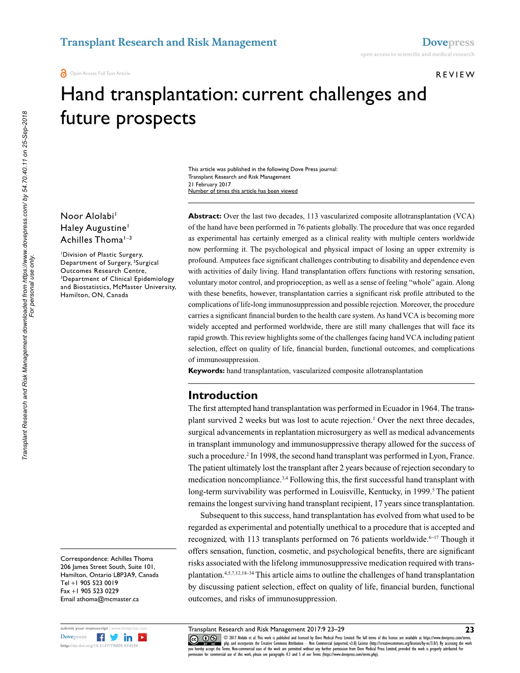 Hand Transplantation Open Access to Scientific and Medical Research DOI