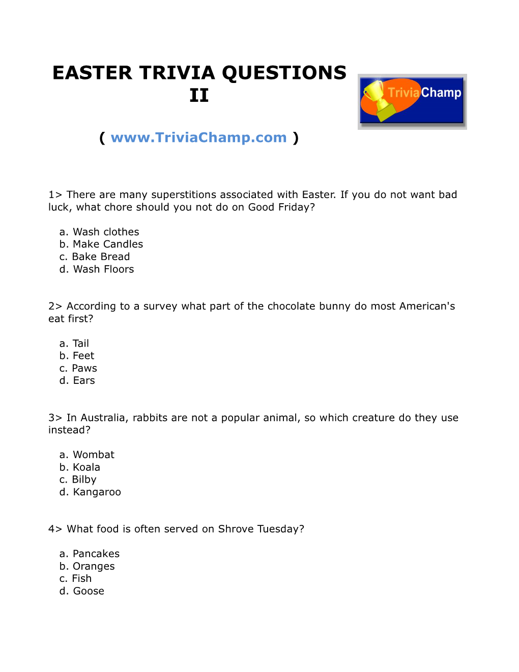 Easter Trivia Questions Ii