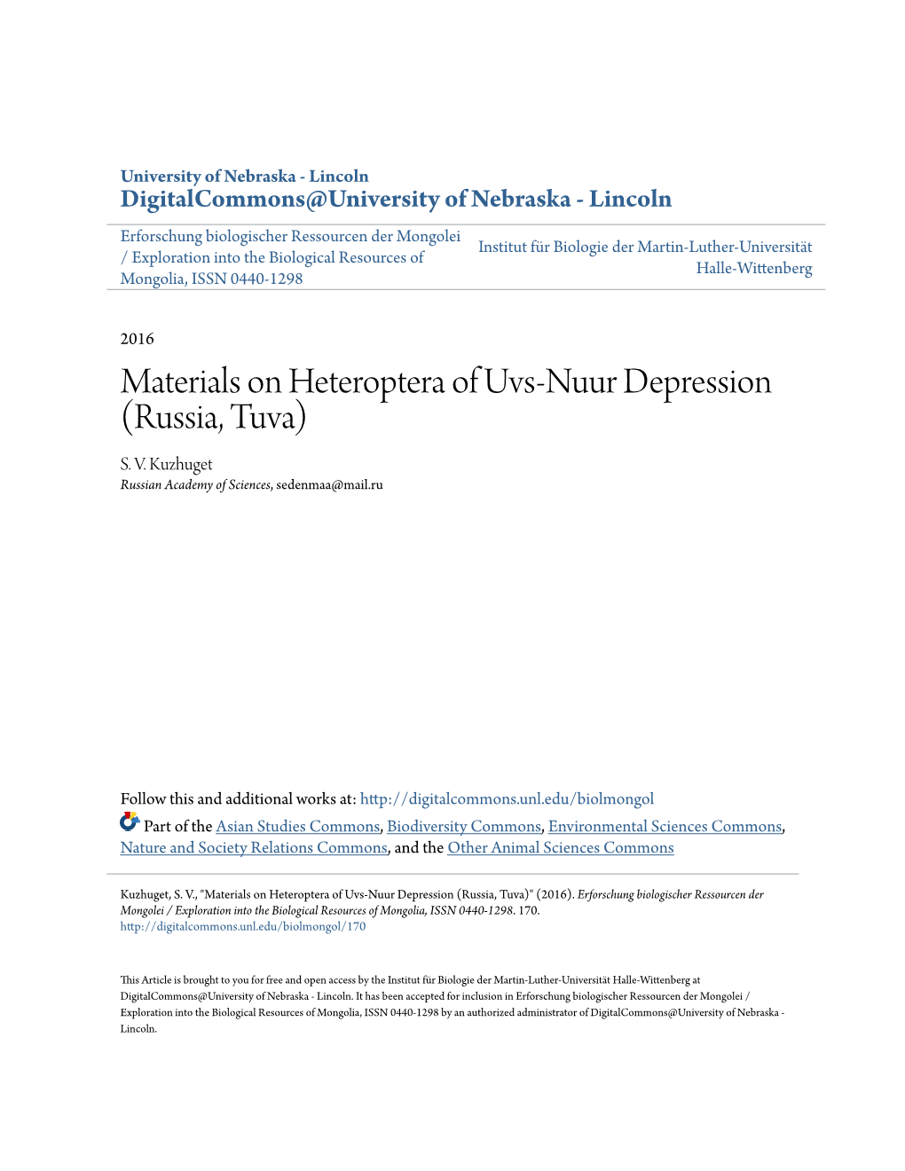 Materials on Heteroptera of Uvs-Nuur Depression (Russia, Tuva) S