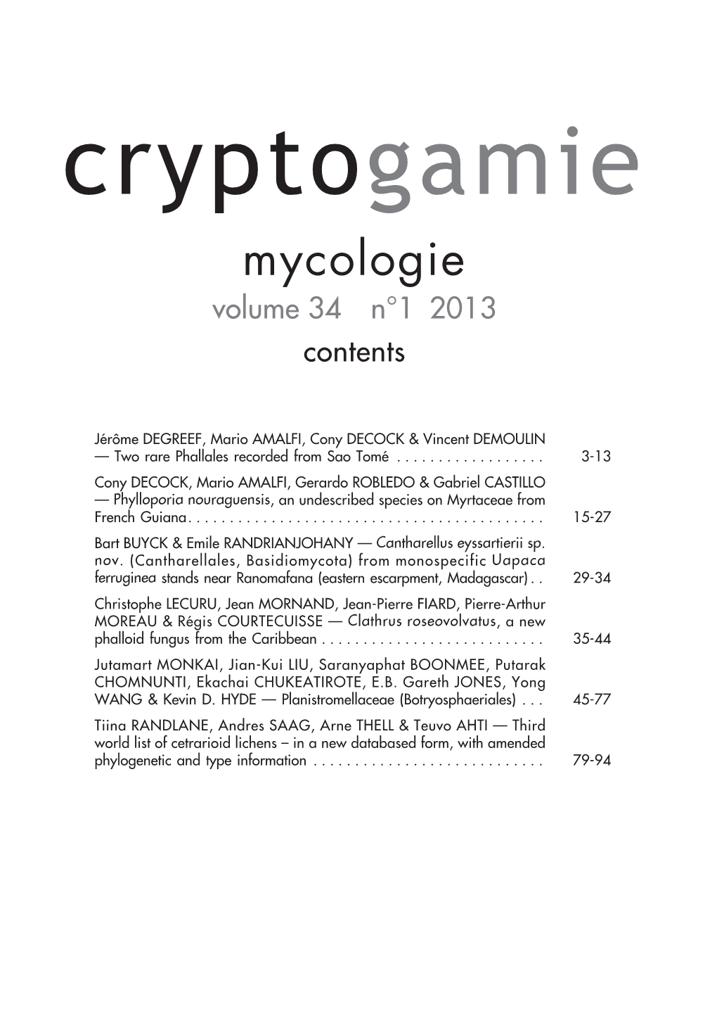 Cryptogamie Mycologie Volume 34 N°1 2013 Contents