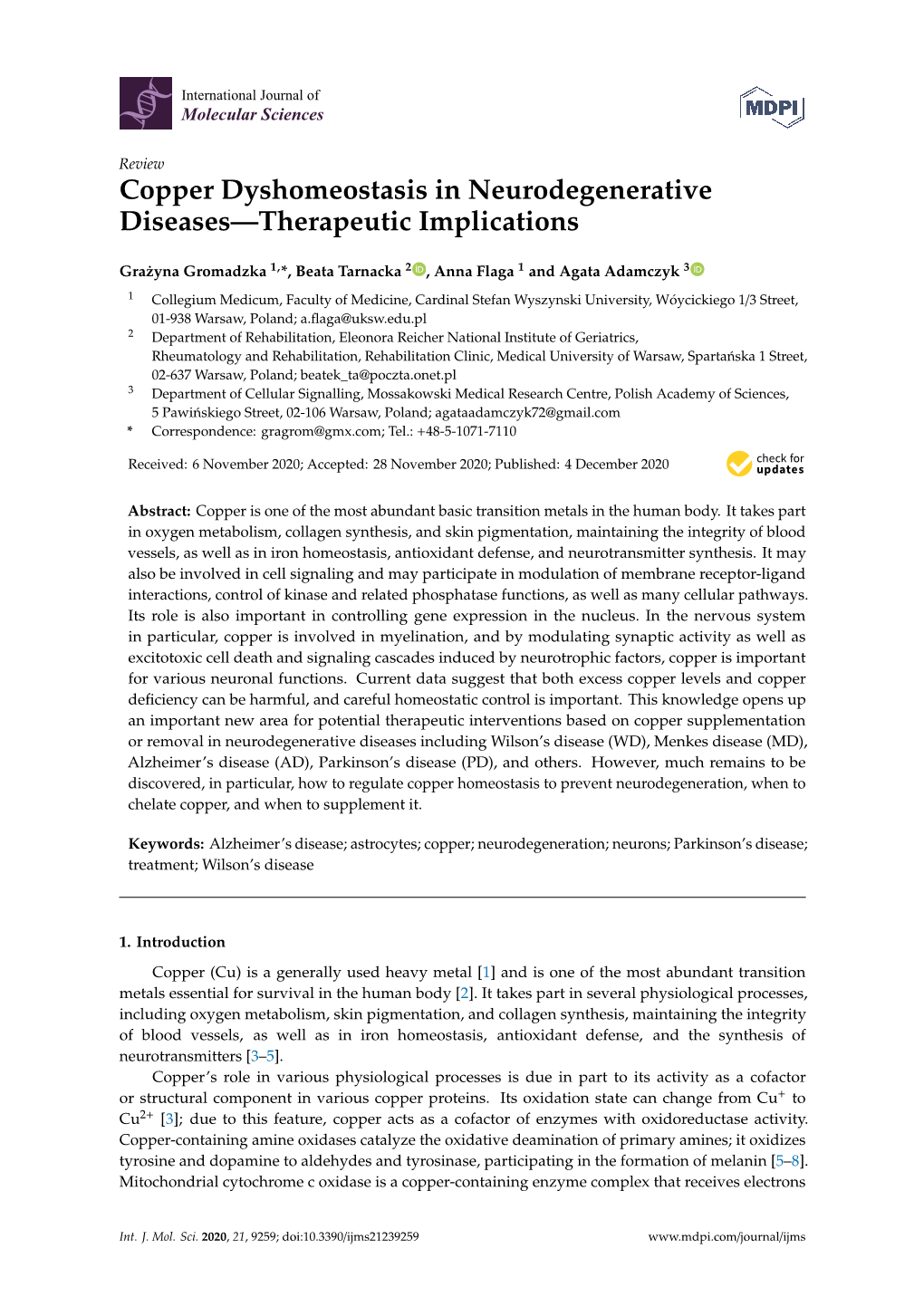 Copper Dyshomeostasis in Neurodegenerative Diseases—Therapeutic Implications