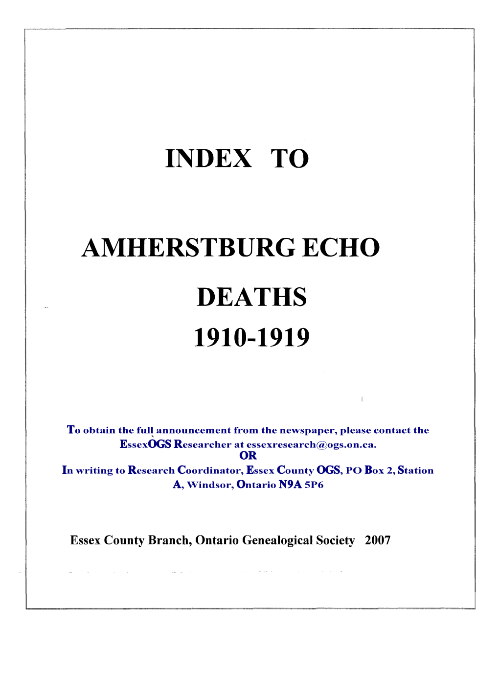 To Amherstburg Echo Deaths 1910-1919