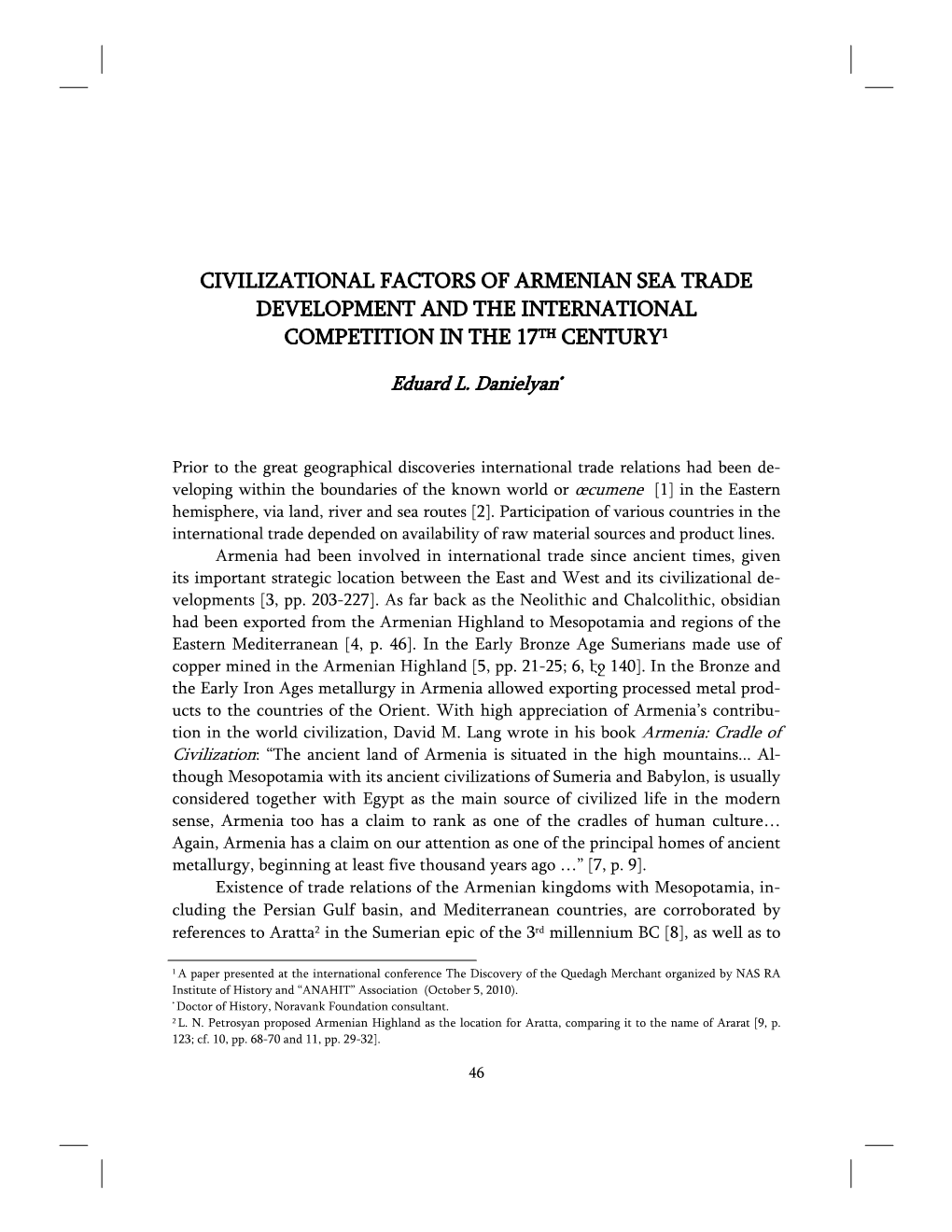 Civilizational Factors of Armenian Sea Trade Development and the International Competition in the 17Th Century1