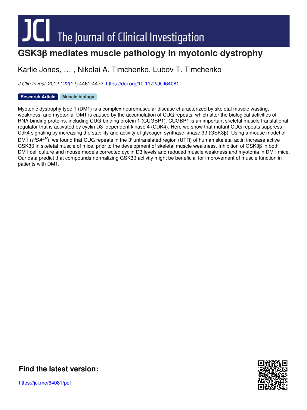 Gsk3β Mediates Muscle Pathology in Myotonic Dystrophy