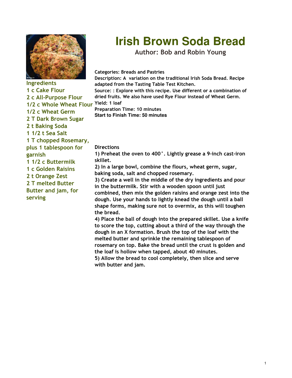 Irish Brown Soda Bread Author: Bob and Robin Young