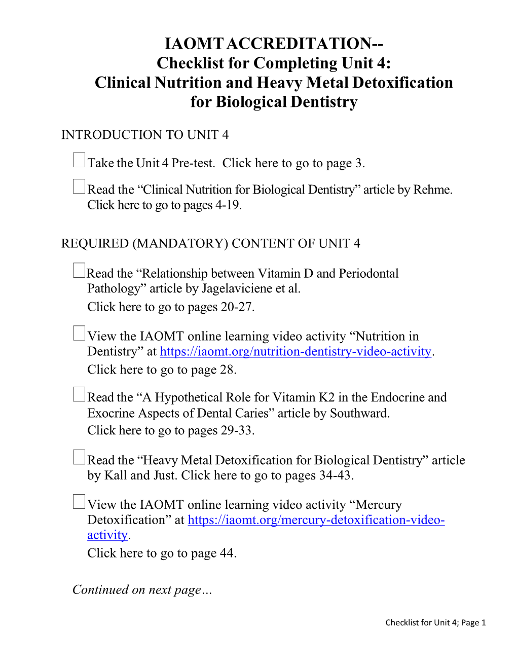 IAOMT ACCREDITATION-- Checklist for Completing Unit 4: Clinical Nutrition and Heavy Metal Detoxification for Biological Dentistry