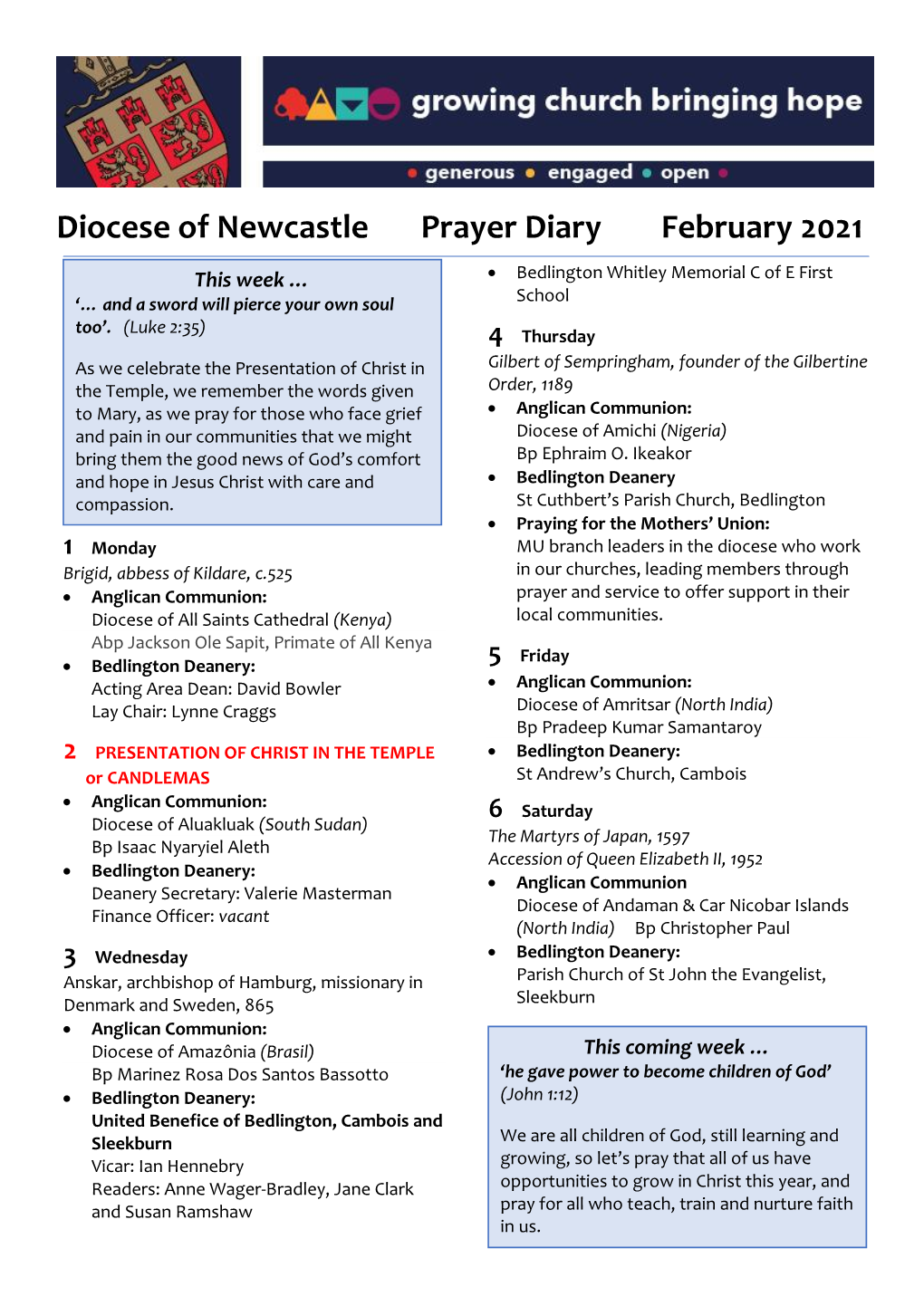 Diocese of Newcastle Prayer Diary February 2021