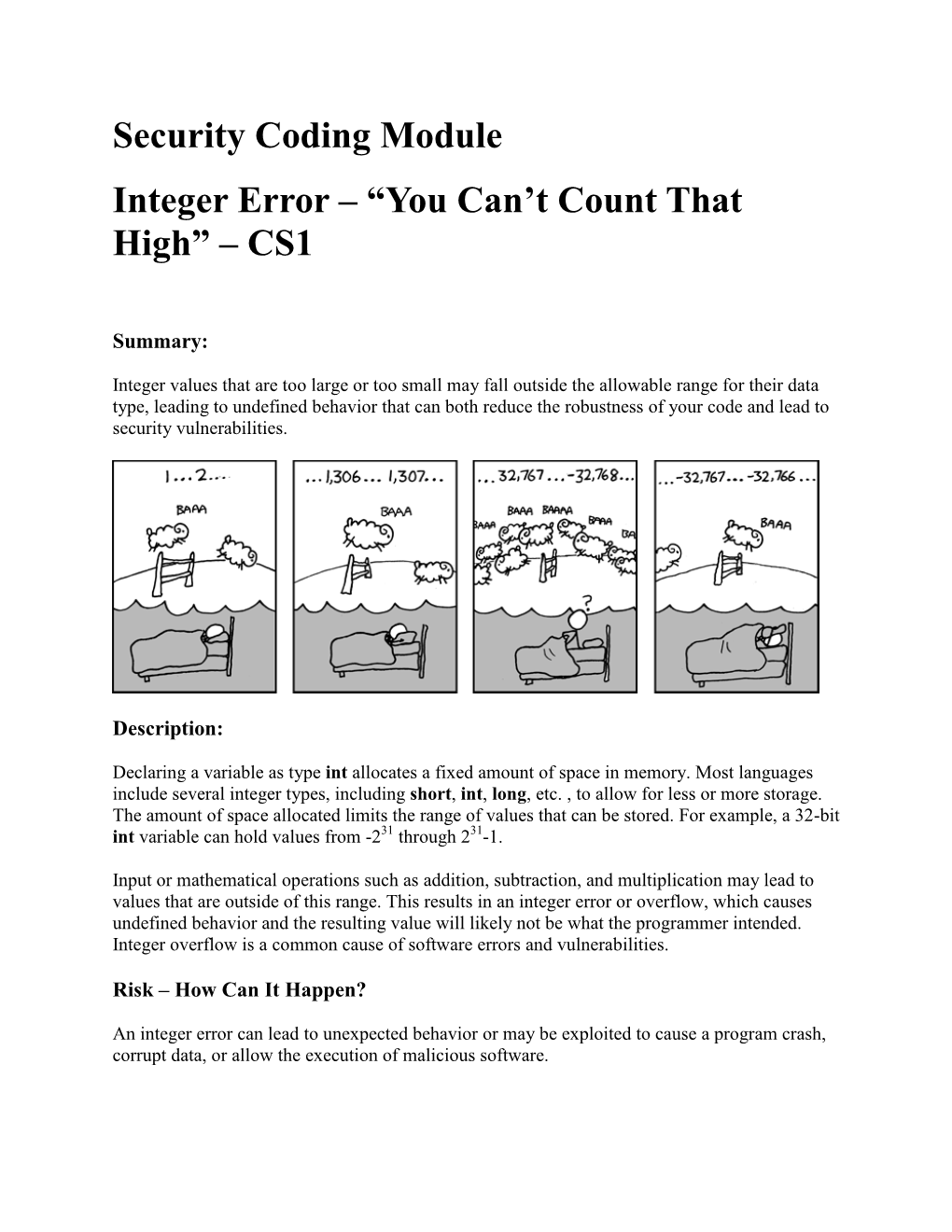 Security Coding Module Integer Error – “You Can’T Count That High” – CS1