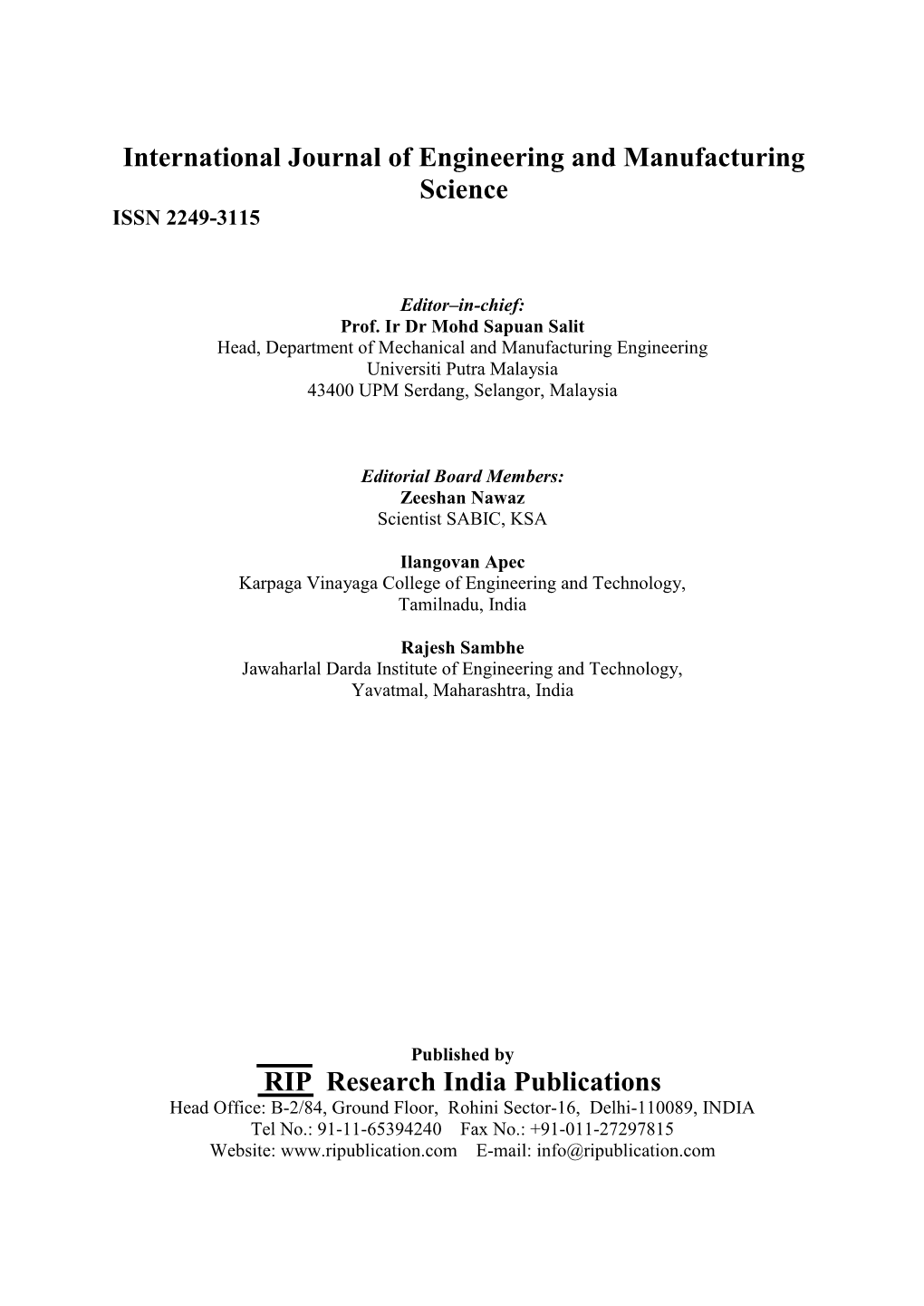 International Journal of Engineering and Manufacturing Science ISSN 2249-3115