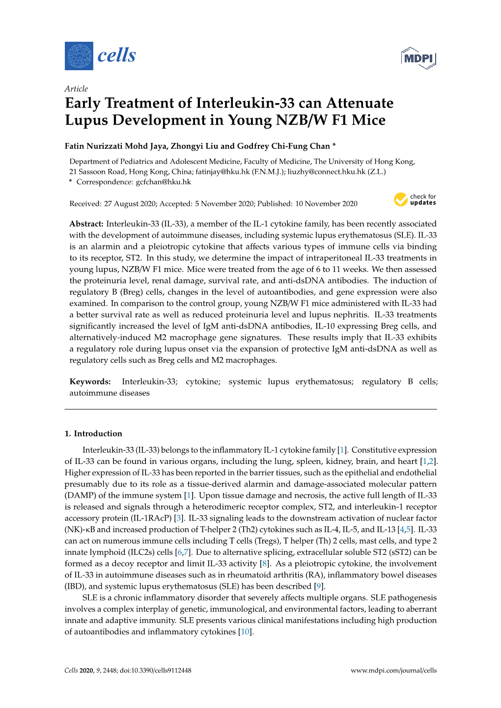 Early Treatment of Interleukin-33 Can Attenuate Lupus Development in Young NZB/W F1 Mice