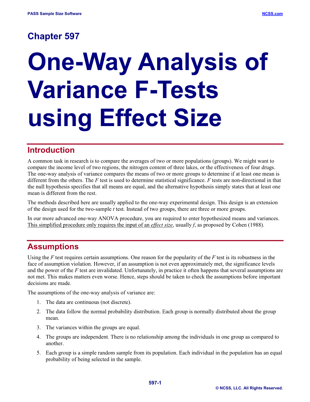 One-Way Analysis of Variance F-Tests Using Effect Size