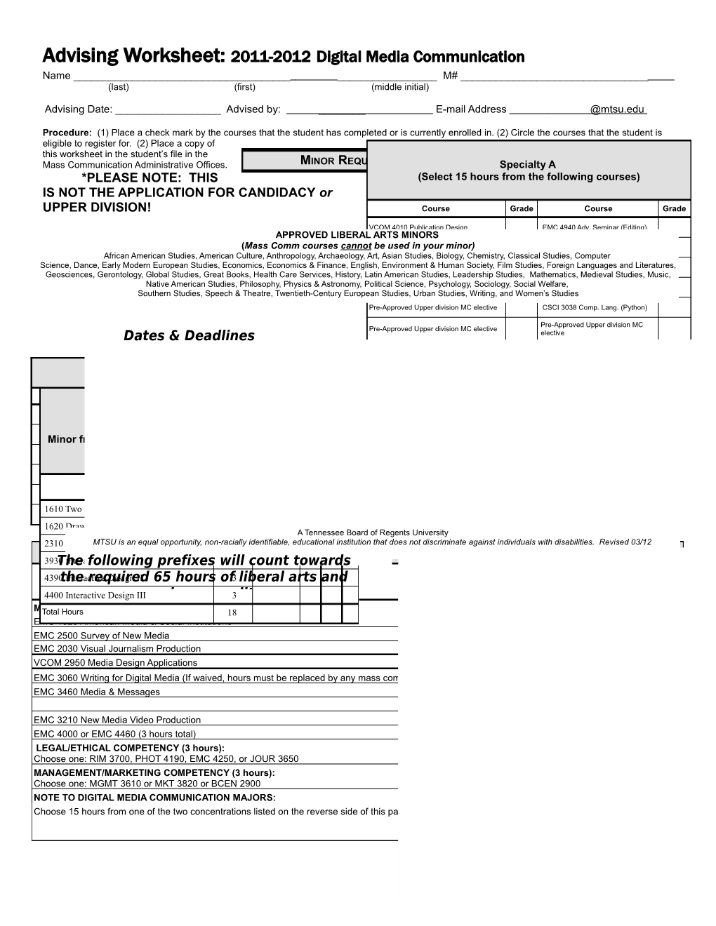 Advising Worksheet: 2011-2012 Digital Media Communication