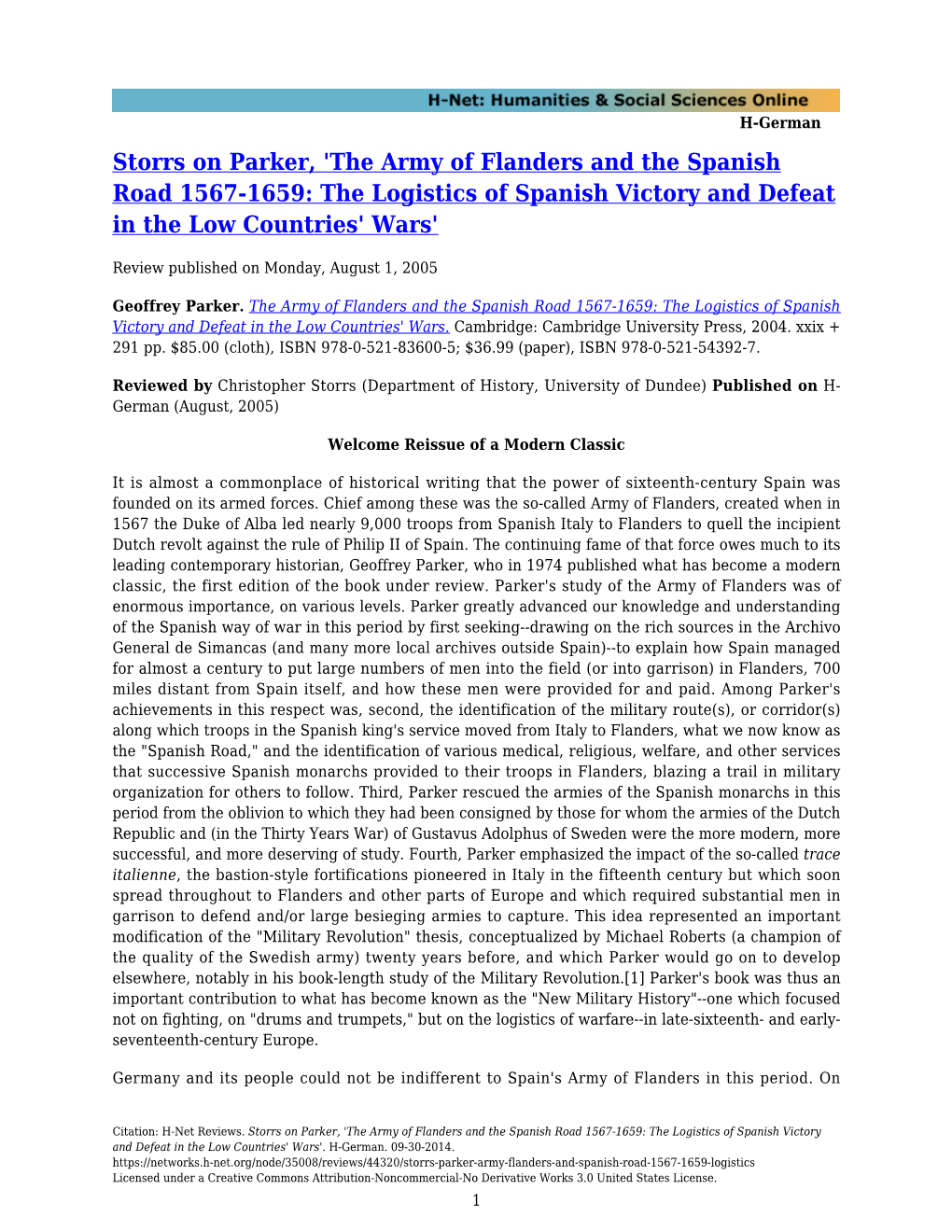 Storrs on Parker, 'The Army of Flanders and the Spanish Road 1567-1659: the Logistics of Spanish Victory and Defeat in the Low Countries' Wars'