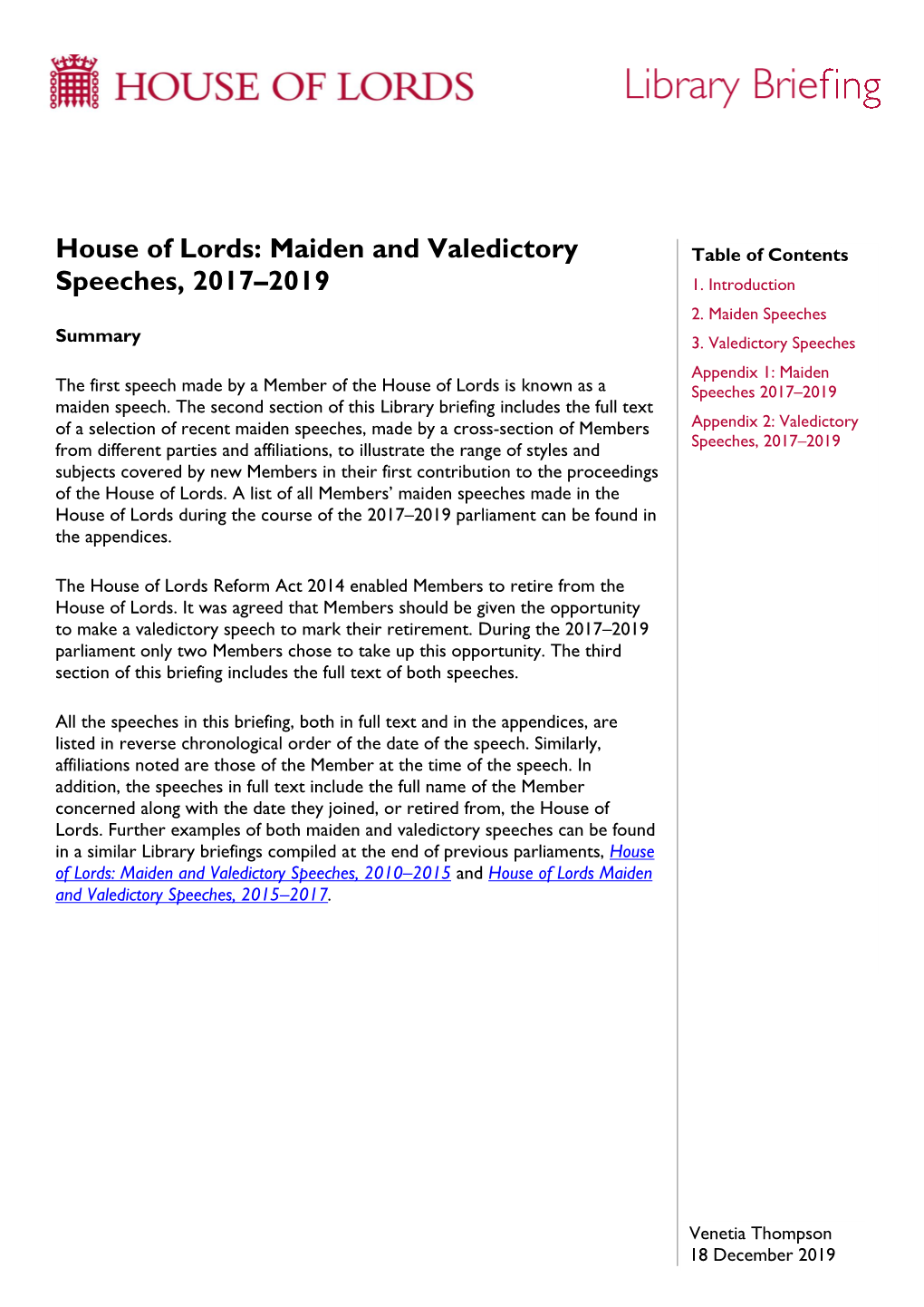 House of Lords: Maiden and Valedictory Speeches, 2017-2019