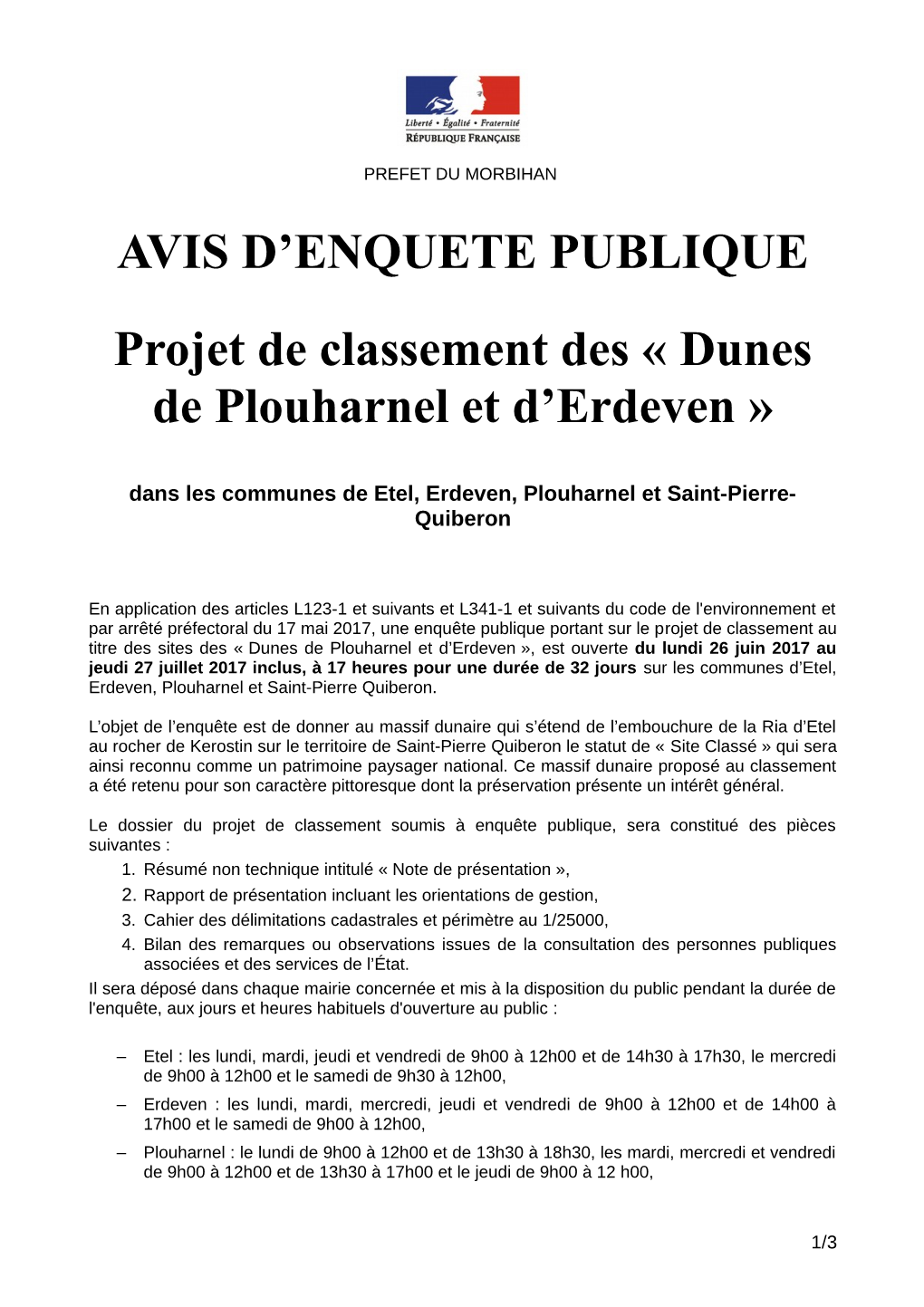 AVIS D'enquete PUBLIQUE Projet De Classement