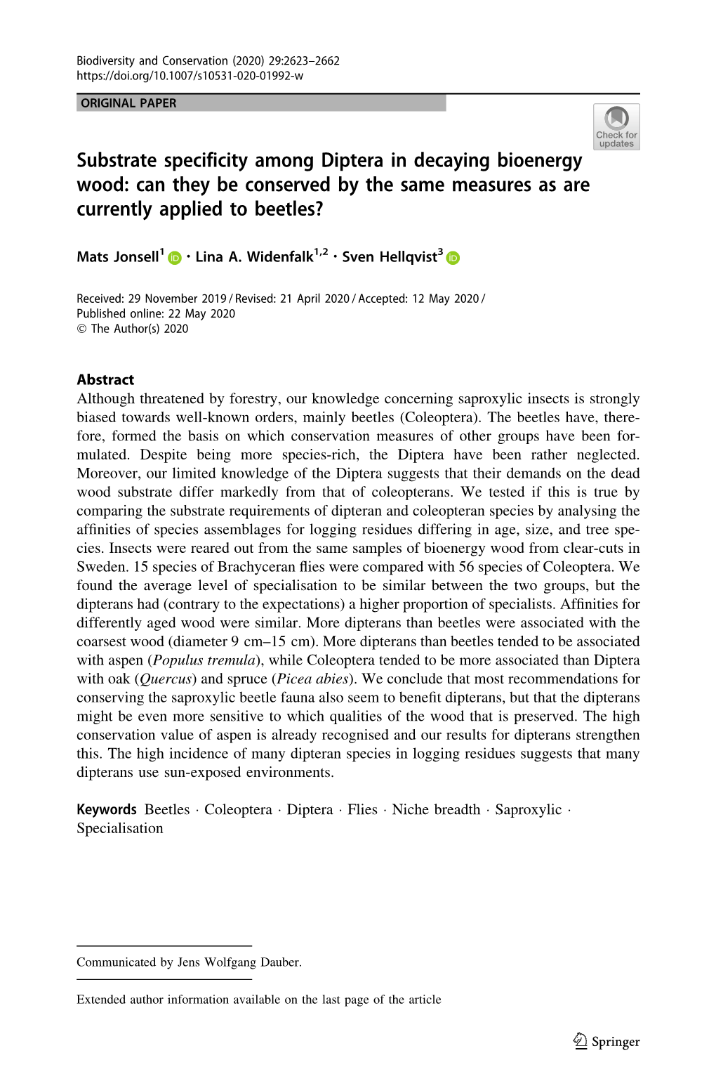 Substrate Specificity Among Diptera in Decaying Bioenergy Wood: Can They Be Conserved by the Same Measures As Are Currently Applied to Beetles?