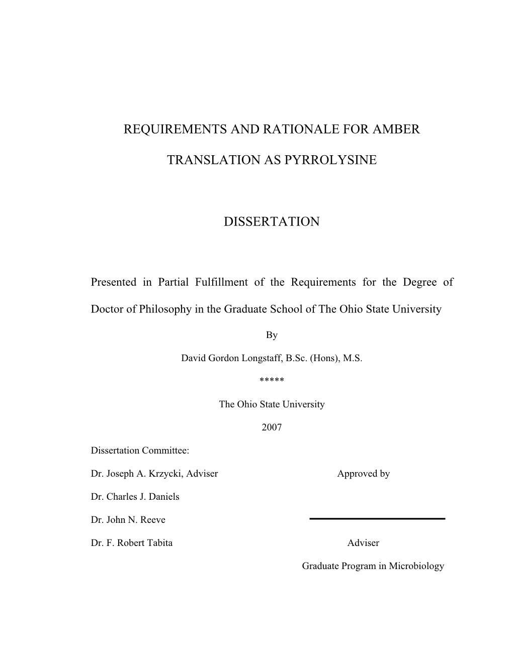 Requirements and Rationale for Amber Translation As Pyrrolysine Dissertation