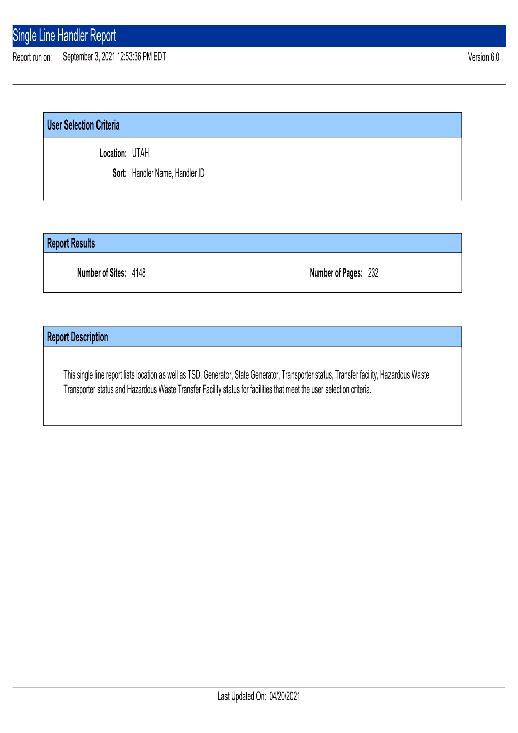 Single Line Handler Report Report Run On: September 3, 2021 12:53:36 PM EDT Version 6.0