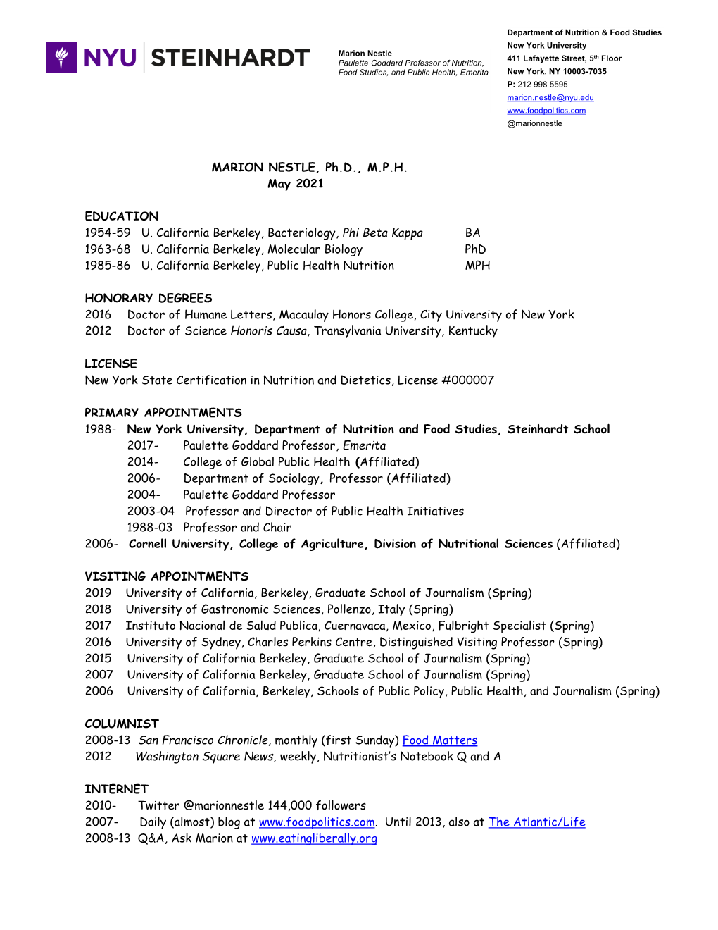 MARION NESTLE, Ph.D., M.P.H. May 2021 EDUCATION 1954-59 U