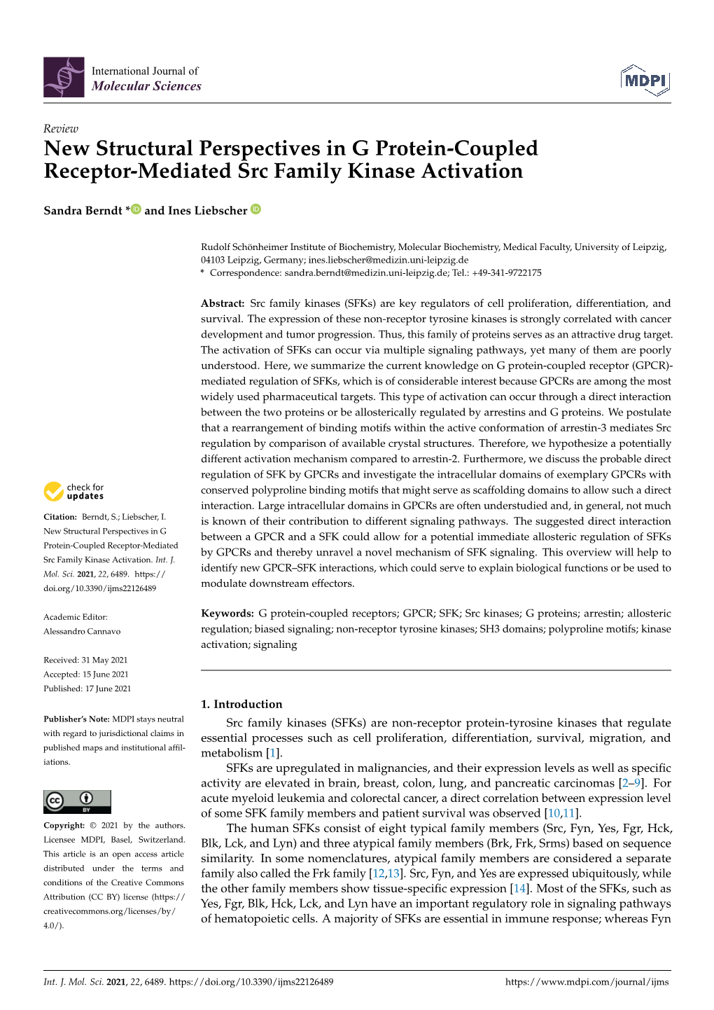 New Structural Perspectives in G Protein-Coupled Receptor-Mediated Src Family Kinase Activation