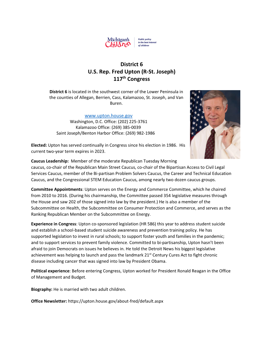 District 6 U.S. Rep. Fred Upton (R-St. Joseph) 117Th Congress