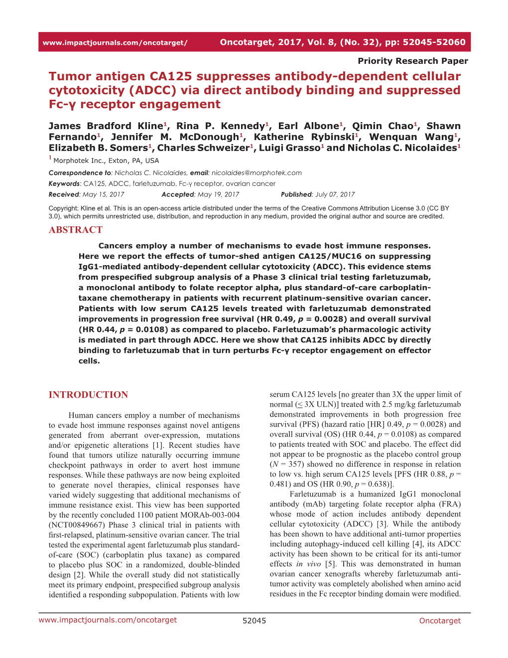Tumor Antigen CA125 Suppresses Antibody-Dependent Cellular Cytotoxicity (ADCC) Via Direct Antibody Binding and Suppressed Fc-Γ Receptor Engagement