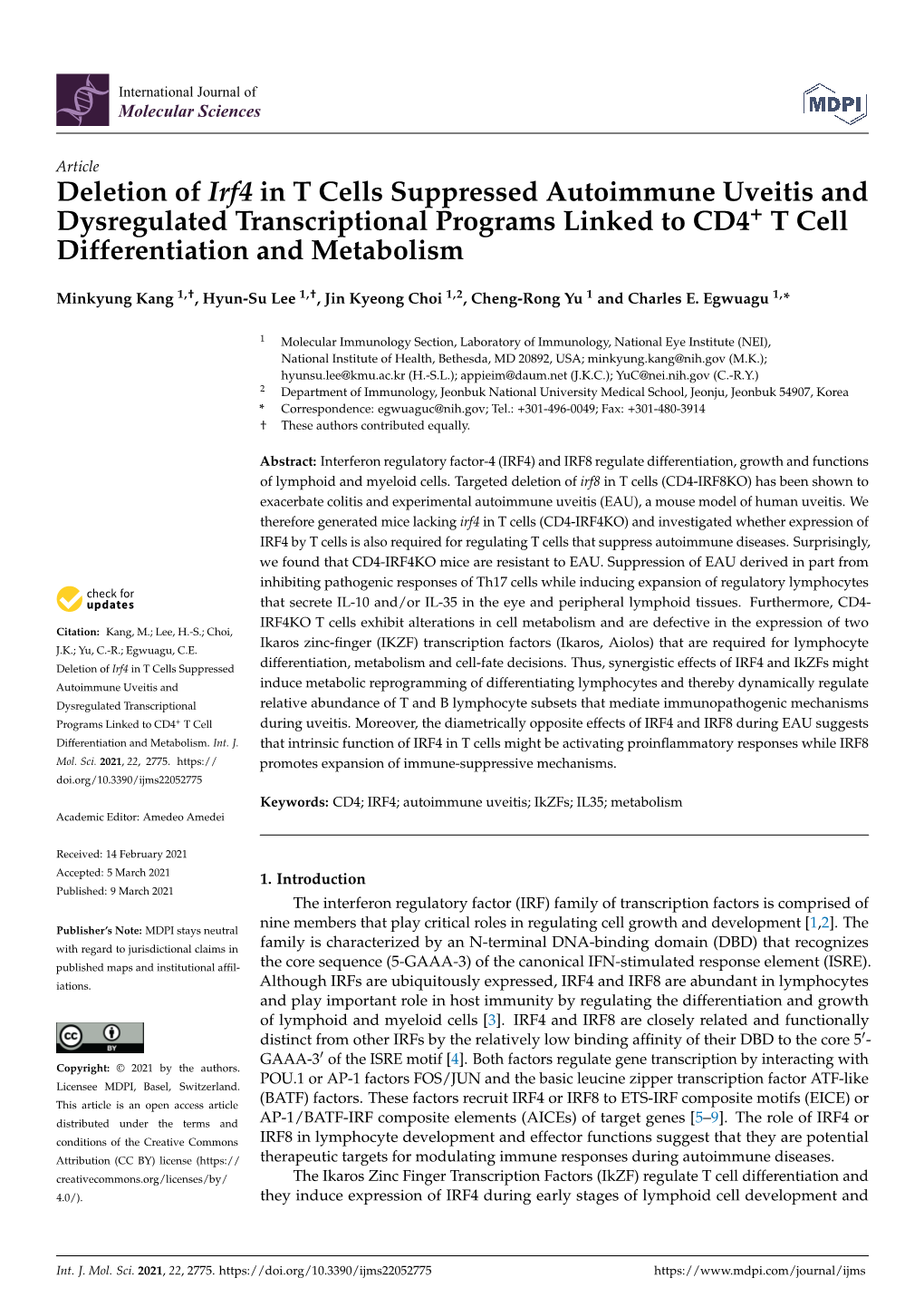 Deletion of Irf4 in T Cells Suppressed Autoimmune Uveitis and Dysregulated Transcriptional Programs Linked to CD4+ T Cell Differentiation and Metabolism