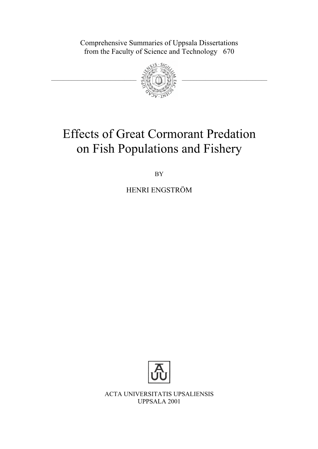 Effects of Great Cormorant Predation on Fish Populations and Fishery