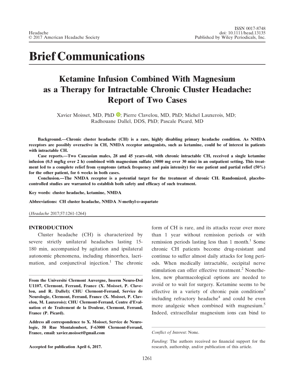 Ketamine Infusion Combined with Magnesium As a Therapy for Intractable Chronic Cluster Headache: Report of Two Cases