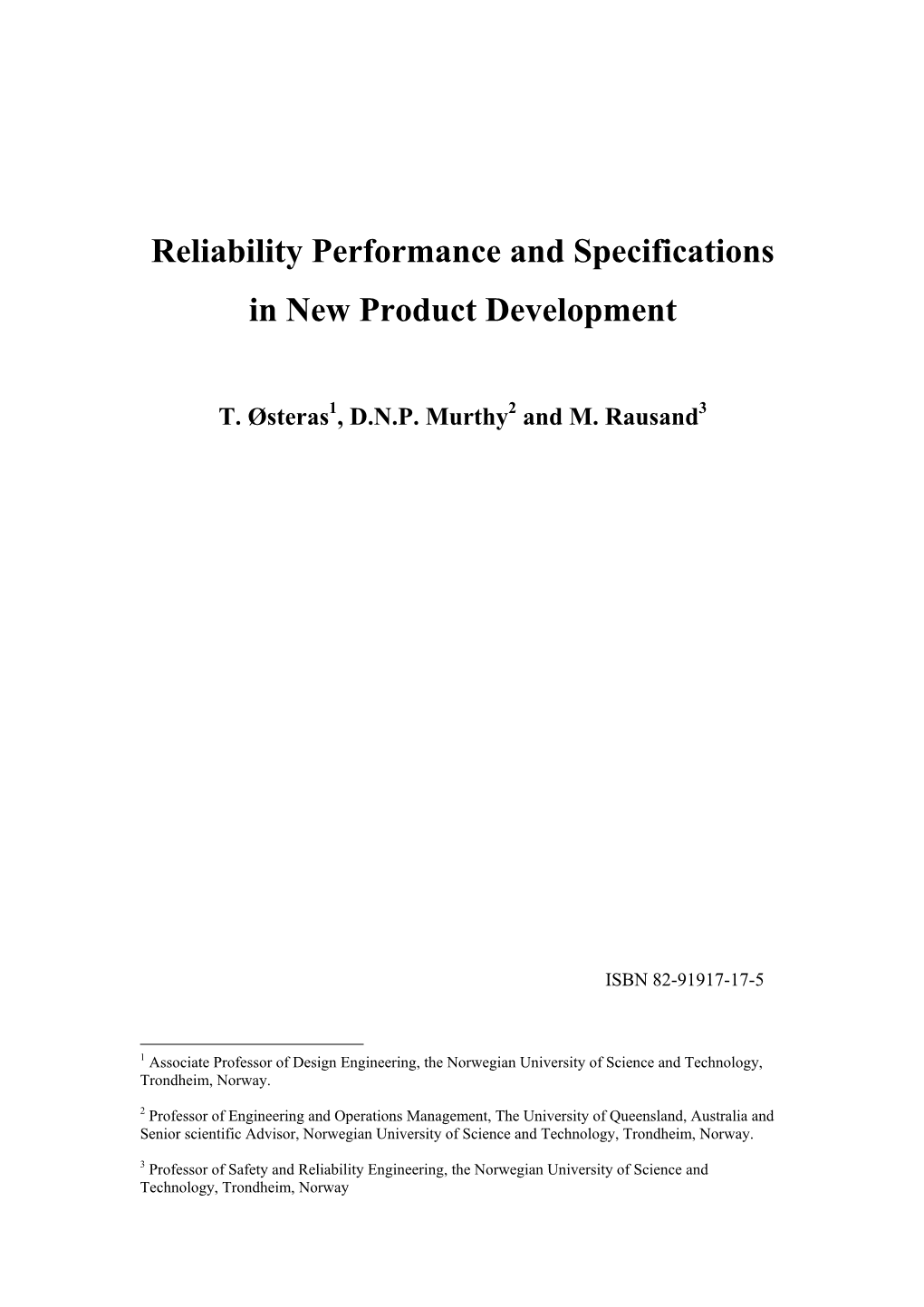 Reliability Performance and Specifications in New Product Development