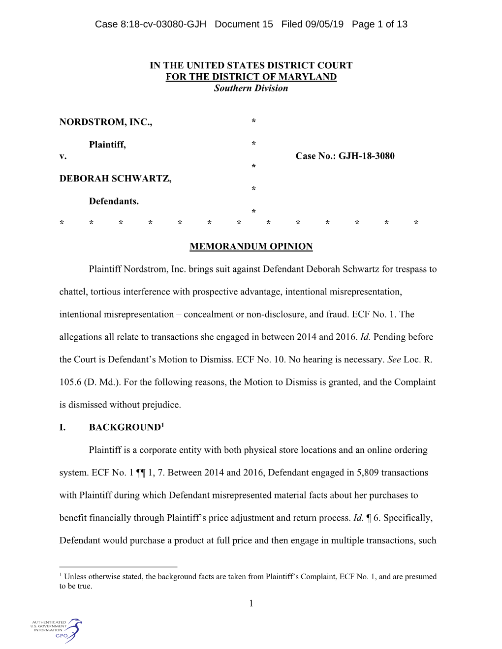 Case 8:18-Cv-03080-GJH Document 15 Filed 09/05/19 Page 1 of 13