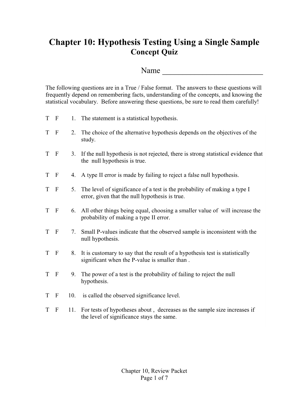 Chapter 10: Hypothesis Testing Using a Single Sample