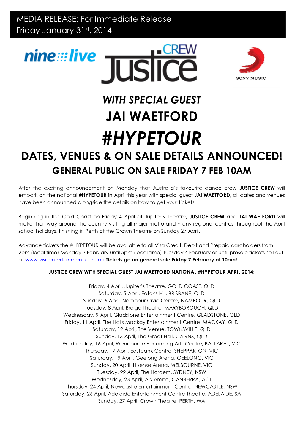 Hypetour Dates, Venues & on Sale Details Announced! General Public on Sale Friday 7 Feb 10Am