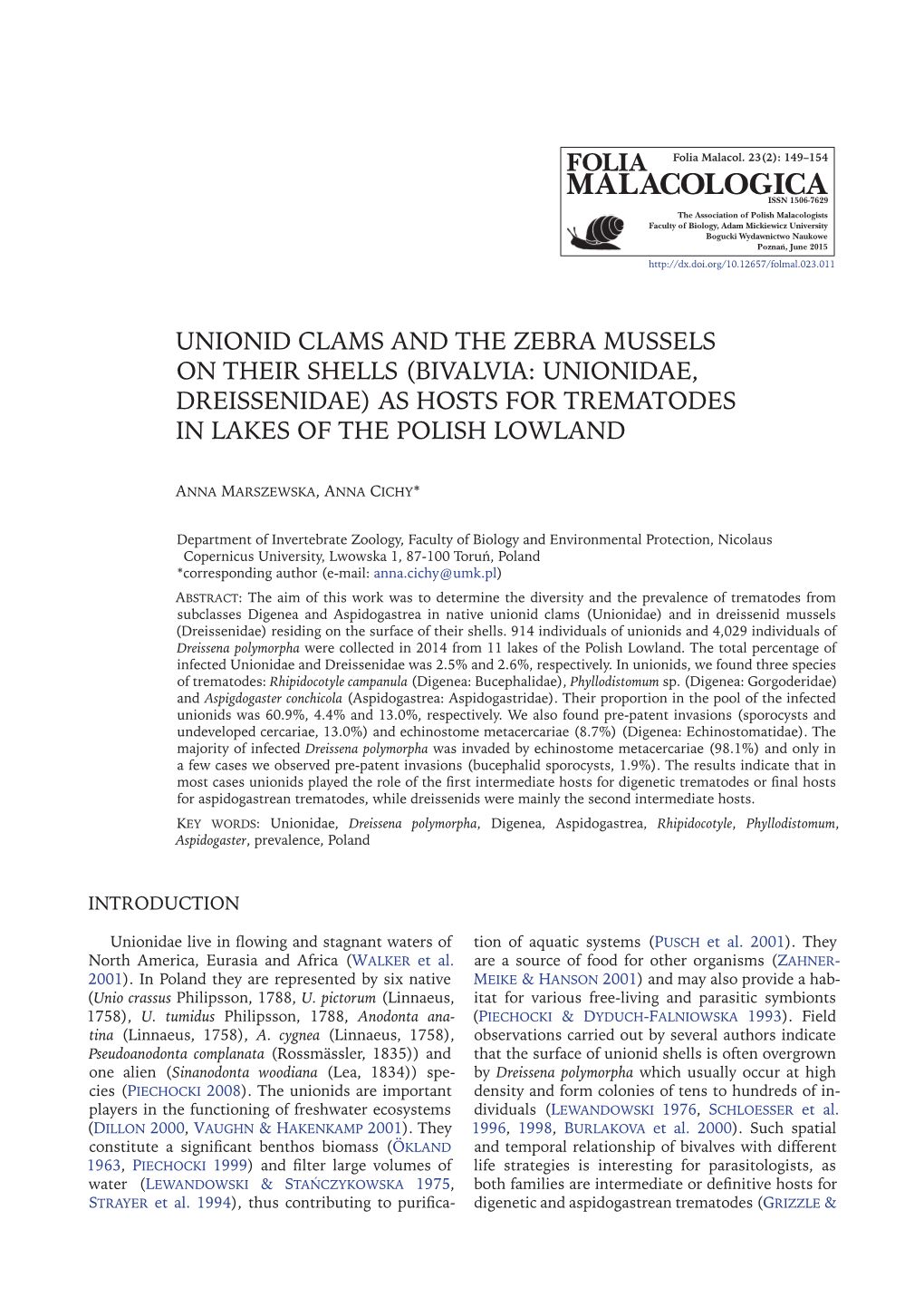 Unionid Clams and the Zebra Mussels on Their Shells (Bivalvia: Unionidae, Dreissenidae) As Hosts for Trematodes in Lakes of the Polish Lowland