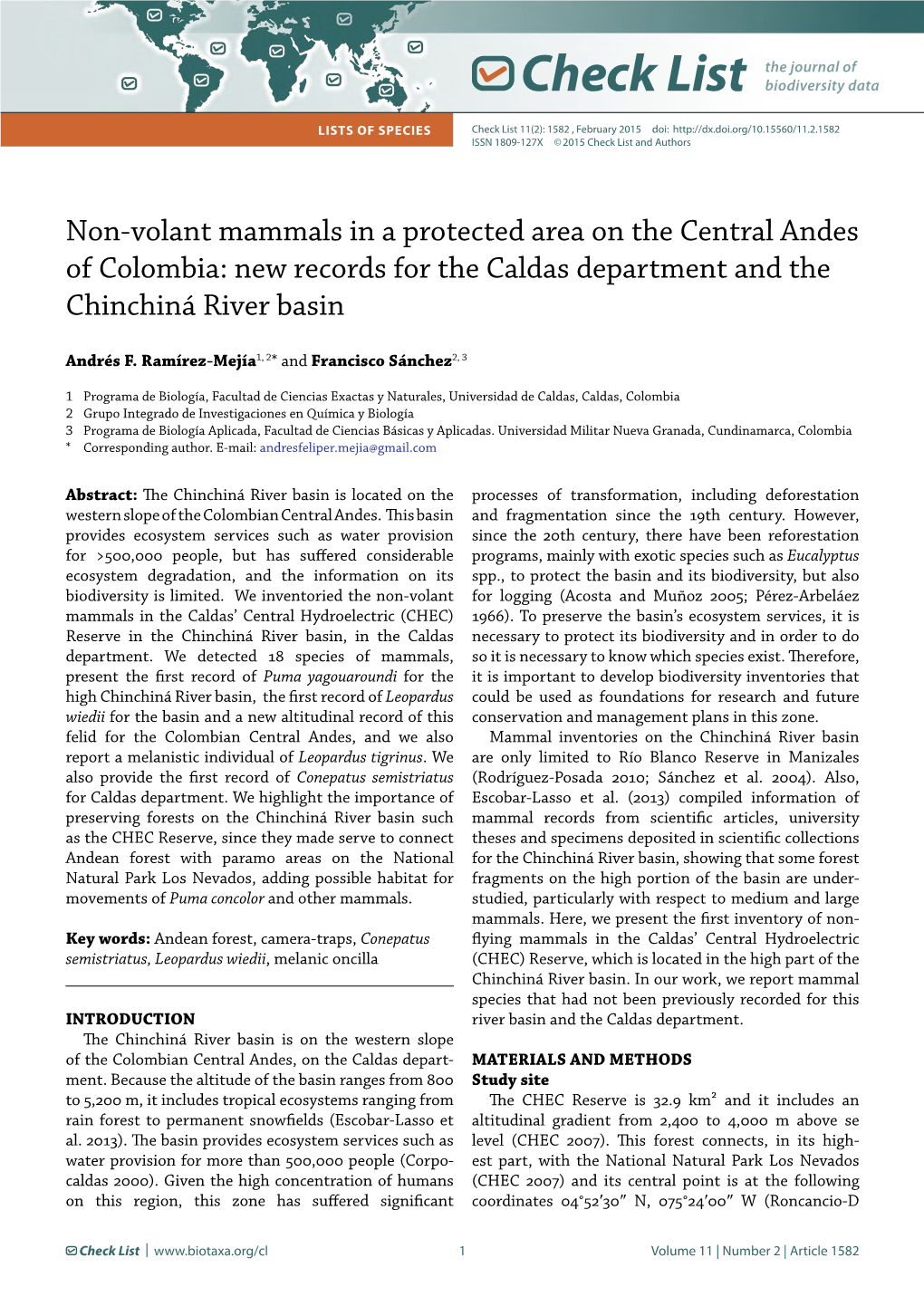 Check List LISTS of SPECIES Check List 11(2): 1582 , February 2015 Doi: ISSN 1809-127X © 2015 Check List and Authors