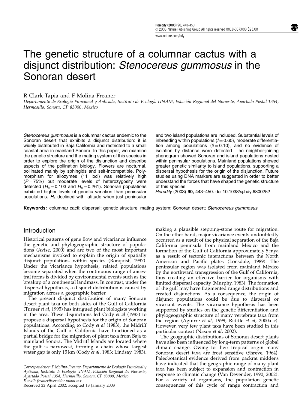 The Genetic Structure of a Columnar Cactus with a Disjunct Distribution: Stenocereus Gummosus in the Sonoran Desert