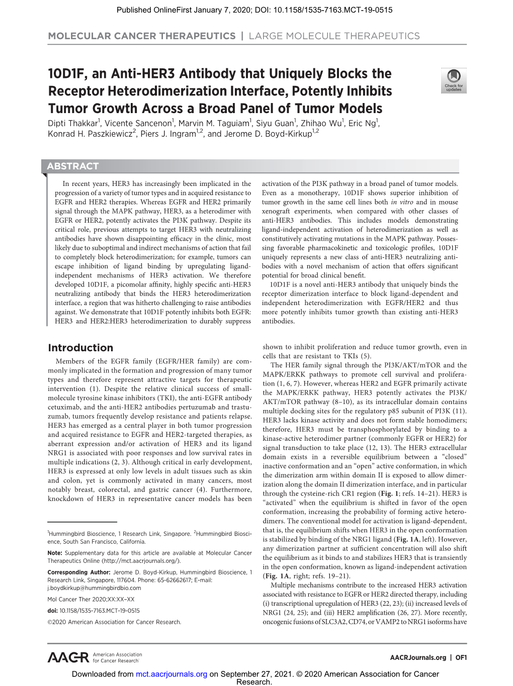 10D1F, an Anti-HER3 Antibody That Uniquely Blocks the Receptor