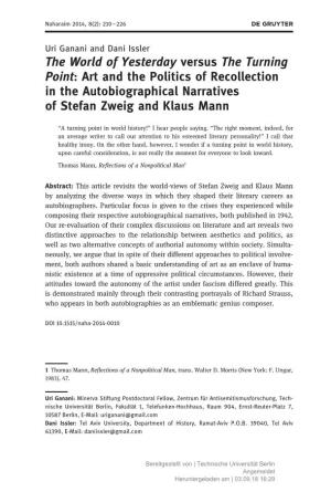 Art and the Politics of Recollection in the Autobiographical Narratives of Stefan Zweig and Klaus Mann