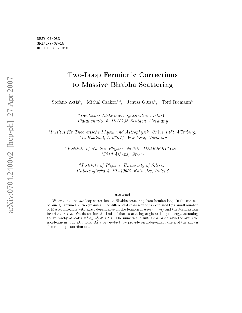 Two-Loop Fermionic Corrections to Massive Bhabha Scattering