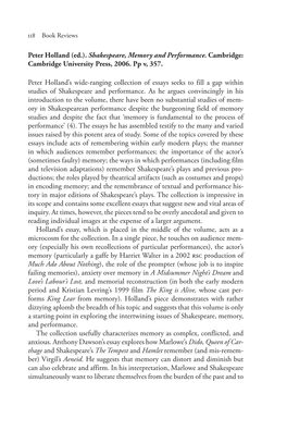 Peter Holland (Ed.). Shakespeare, Memory and Performance. Cambridge: Cambridge University Press, 2006. Pp V, 357. Peter Holland