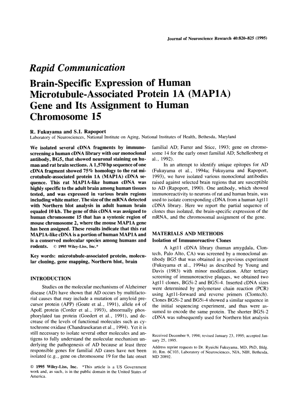 Gene and Its Assignment to Human Chromosome 15