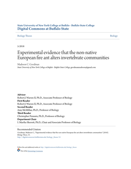Experimental Evidence That the Non-Native European Fire Ant Alters Invertebrate Communities Madeson C