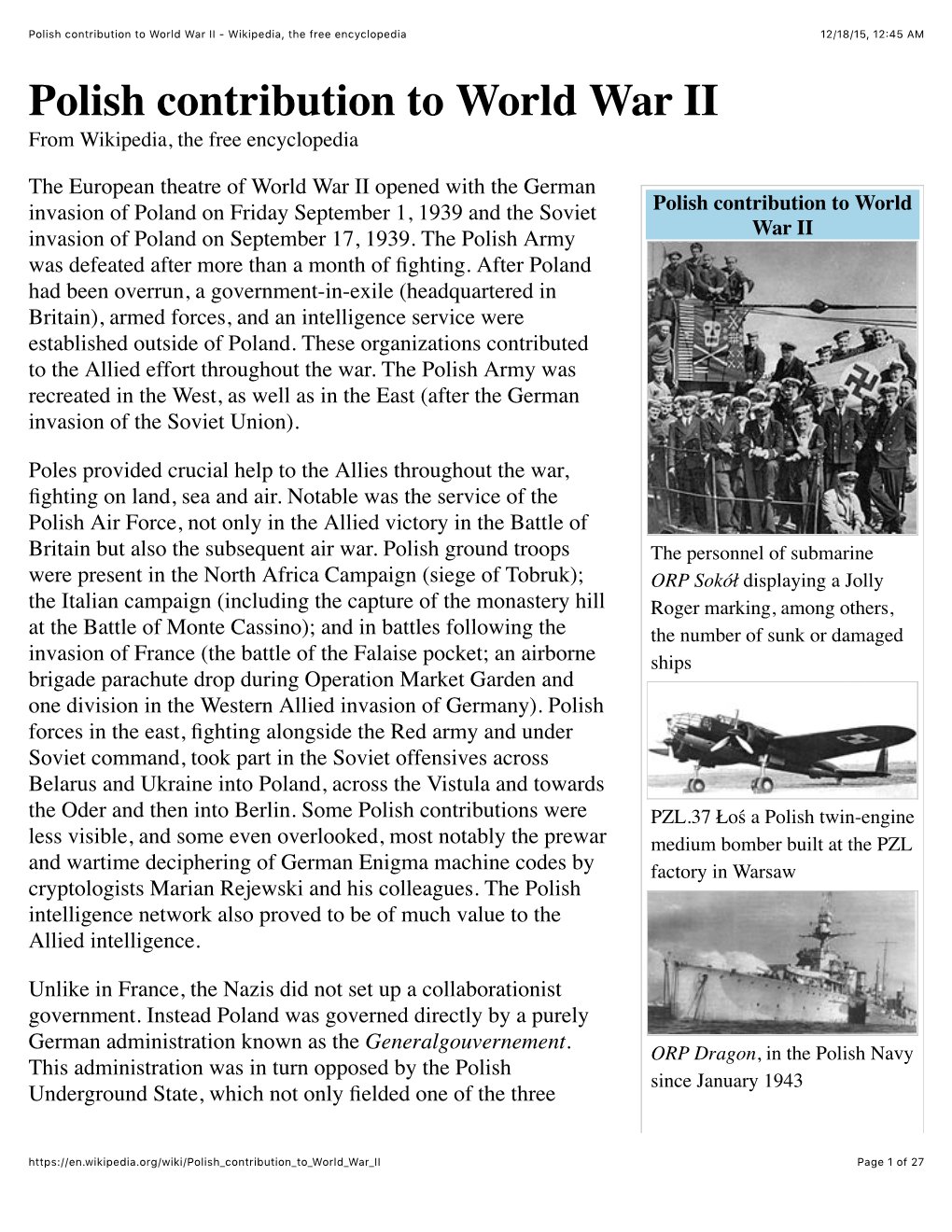 Polish Contribution to World War II - Wikipedia, the Free Encyclopedia 12/18/15, 12:45 AM Polish Contribution to World War II from Wikipedia, the Free Encyclopedia