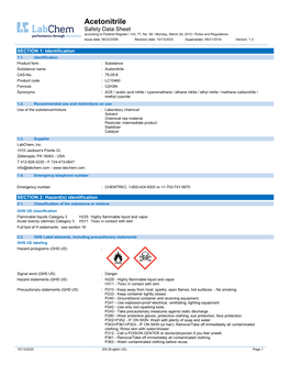 Acetonitrile Safety Data Sheet According to Federal Register / Vol