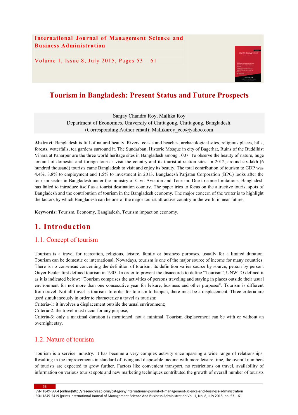 Tourism in Bangladesh: Present Status and Future Prospects 1. Introduction