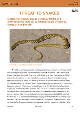 THREAT to SNAKES Mortality of Snakes Due to Vehicular Traffic and Anthropogenic Impacts in Jahangirnagar University Campus, Bangladesh