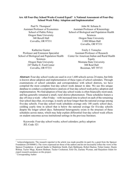 Are All Four-Day School Weeks Created Equal? a National Assessment of Four-Day School Week Policy Adoption and Implementation*