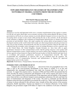 Towards Performance Measures of Transportation Networks in Nigeria: Lessons from the Developed Countries