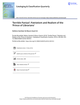 'Terrible Panizzi': Patriotism and Realism of the 'Prince of Librarians'